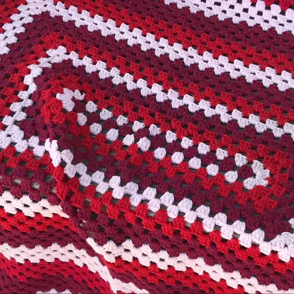 VINTAGE Crochet Red & Pink Hand Knit Throw Blanket Handcrafted